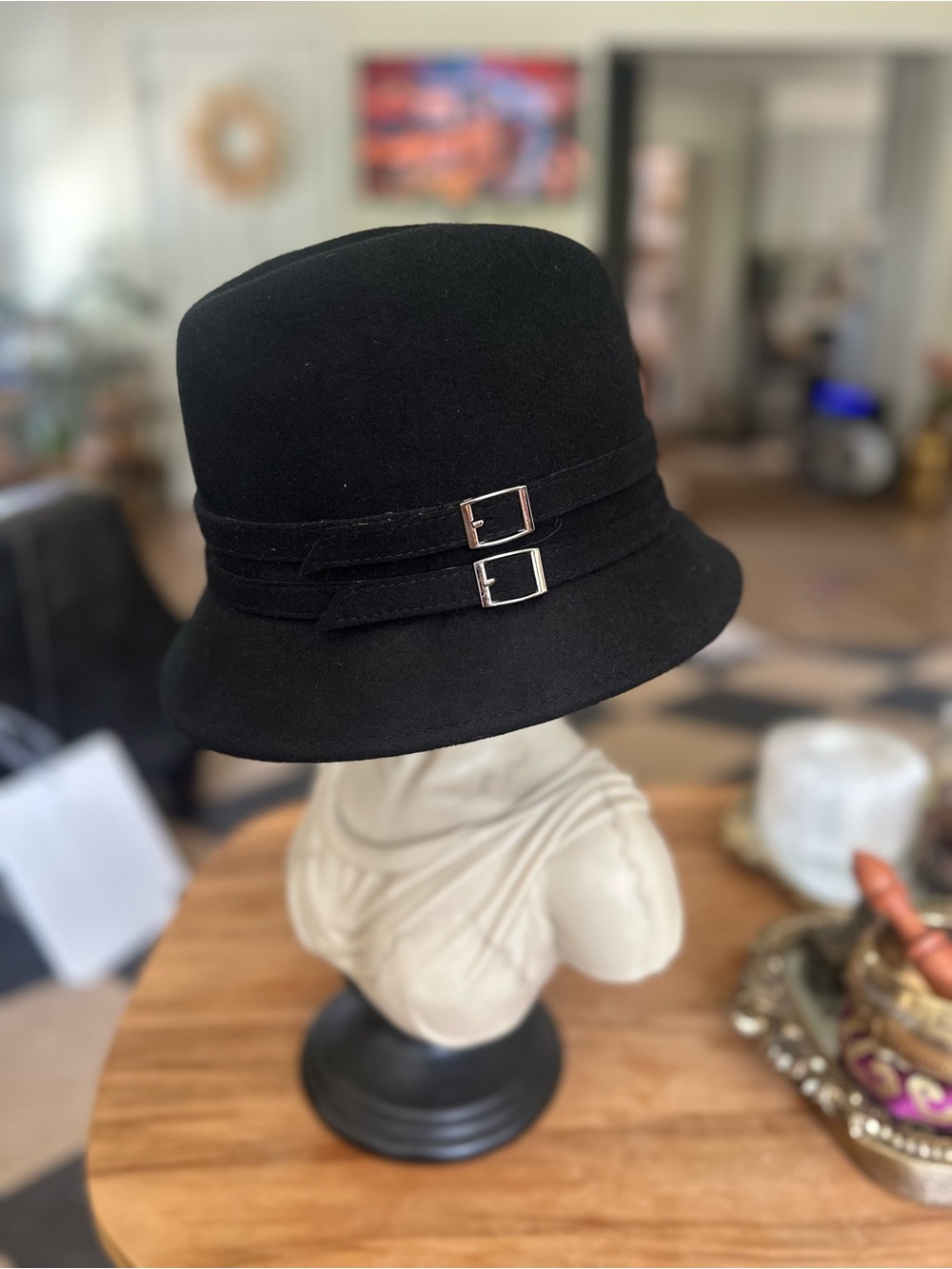 Black Felt Bucket Hat with Double Buckle Accent Magid medium 6 7/8